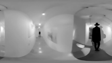 Artistic Black and White Gallery Exhibition with People and Shadows.