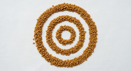 Concentric circles of small brown seeds on white background target natural