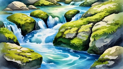 Watercolor stream with mossy rocks and cascading ripples in tranquil nature motion scene. Seamless looping time-lapse animation video background