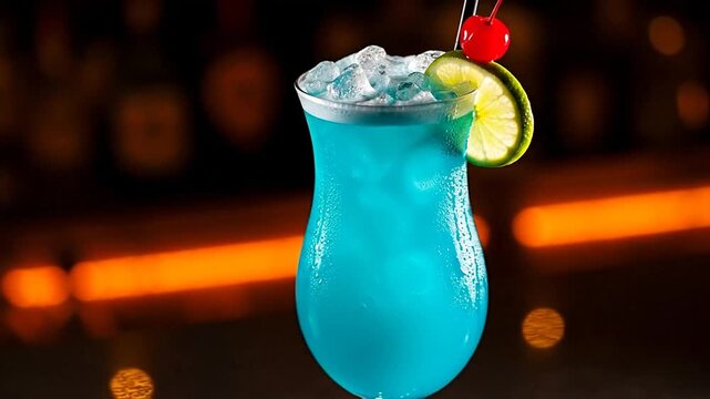 Tropical Paradise in a Glass: A vibrant blue cocktail with ice cubes, a maraschino cherry, and a lime slice offers a refreshing escape, perfect for a tropical getaway. 