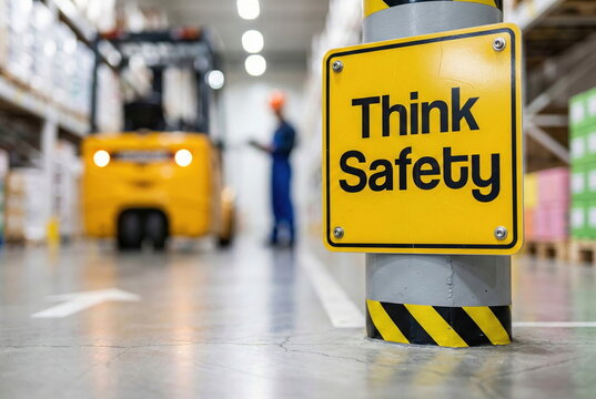 "Think Safety" sign in a blurred warehouse with a worker and forklift, emphasizing workplace caution and industrial security. - Powered by Adobe