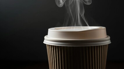 A steaming disposable coffee cup with a lid. The cup is made of brown paper with a ribbed texture. The background is dark, emphasizing the coffee's warmth.