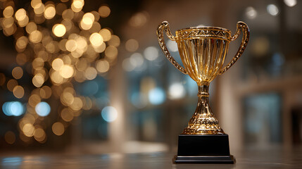 Achievement success in education awards concept. Golden trophy cup winner on bokeh background. Congratulation in university
