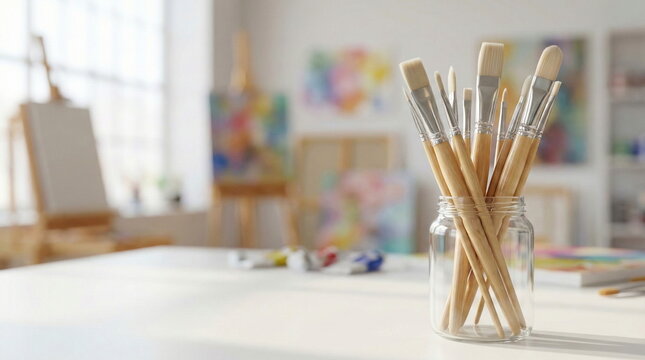 Paintbrushes in a jar on a white table in a sunlit art studio, with colorful paintings and easels blurred in the background, symbolizing creativity.