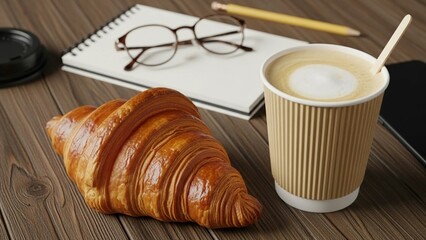 A take-away coffee cup sits next to a croissant on a wooden table. Nearby are glasses, a notebook, and a smartphone, suggesting a busy lifestyle.