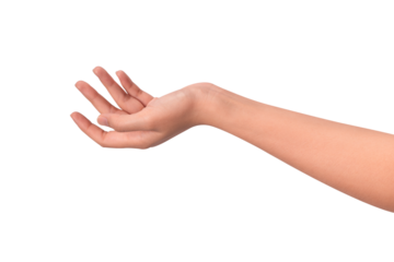 Close-up of a beautiful empty hand gesture isolated on a transparent PNG. High quality studio shot.
