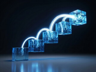 Glowing blue digital cubes connected by light trails, representing data flow, blockchain, and technological progression against a dark background.