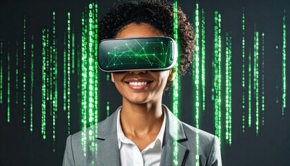 Smiling African American woman in VR headset experiencing virtual reality with green binary code digital stream background. Metaverse concept.