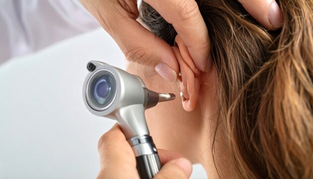 Close-up of Doctor Examining Patient's Ear with Otoscope During Medical Check-up
