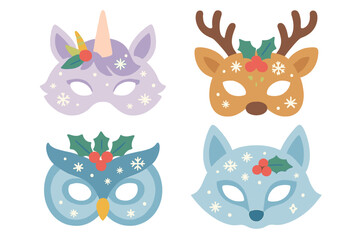 Obraz premium Animal masks flat icon set. featuring owl, unicorn, reindeer, and fox