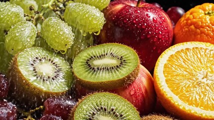 Fresh burst of vibrant fruits glistening with water droplets creating a refreshing and healthy vibe perfect for advertising juice or smoothies