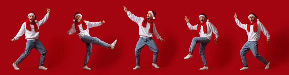 A joyful individual wearing a Christmas hat and scarf dances energetically against a vibrant red...
