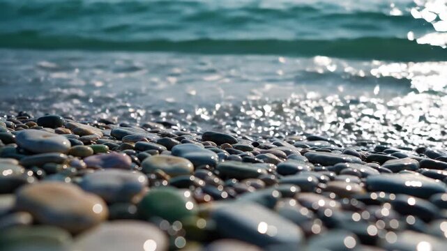 Waves gently lapping over colorful pebbles on a serene beach. Ocean water washing stones in tranquil motion. Natural seaside scene for relaxation and nature appreciation.