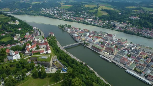 Aerial view of the old town and city Passau in Germany, Bavaria on a sunny noon spring day