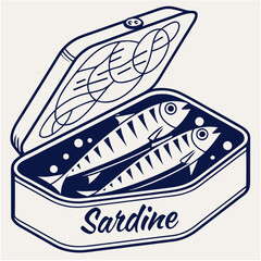 Elegant minimalist design of an open sardine can featuring two fish ready for consumption in a stylish vintage graphic