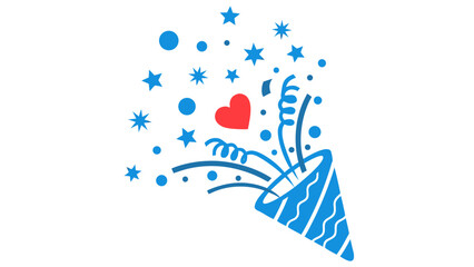 Naklejka premium Blue Party Popper Exploding with Confetti Stars and a Red Heart Symbol on a Black Background Celebration and Festive Event Concept