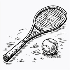 Vintage sketch style tennis racket resting beside a ball on the court ready for a dynamic match
