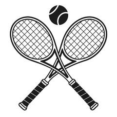 Two crossed tennis rackets and a ball create a dynamic black and white sports emblem perfect for athletic branding