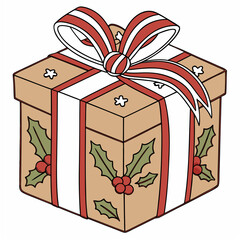 Charming hand drawn Christmas present wrapped in festive ribbon and decorated with traditional holly for holiday cheer