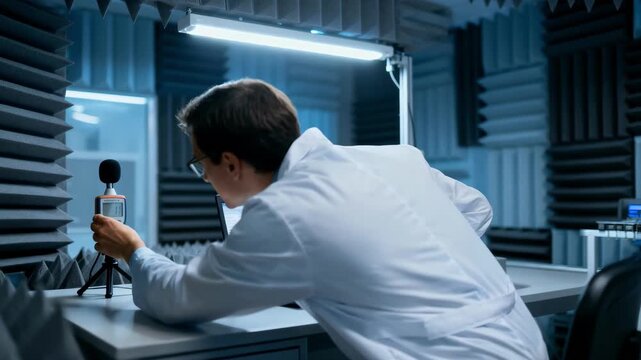 Medium shot of a specialist analyzing data on a laptop during labcertified acoustic tests ensuring compliance with stringent soundproofing standards.