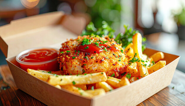 Takeout of crab cake and French fries, ketchup condiment. AI - Powered by Adobe