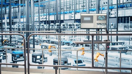 Monitor displaying industrial analytics dashboard for Industry 4.0 photovoltaics plant equipment. Solar panels smart factory display visualizing robotic arms performance and metrics from sensor data