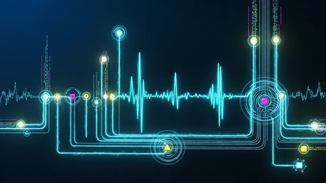 Blue digital pulse waveform with glowing tech frequency lines: A glowing blue digital pulse waveform scrolling across the screen, creating a clean high-tech frequency animation.