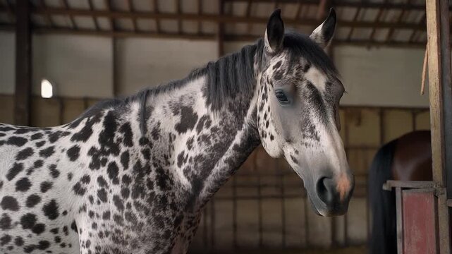 Appaloosa horse in a barn, equestrian breed, white and gray, mp4 video. AI