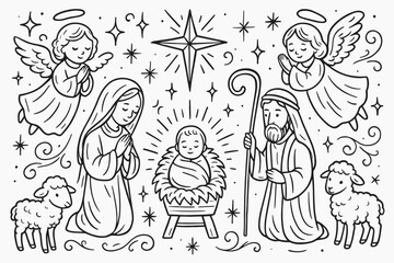 Fototapeta premium Nativity scene linear icon set. featuring mary, joseph, baby jesus, angels, sheep, and star symbols