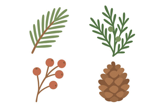 Nature elements flat icon set. featuring pine needle, juniper, berry, and pinecone symbols