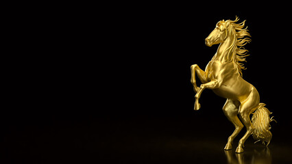 Fototapeta premium Majestic Golden Rearing Horse Statue on Dark Background 3d render.