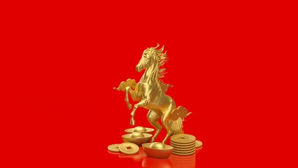 Golden Rearing Horse with Chinese Wealth Symbols on Red 3d render.