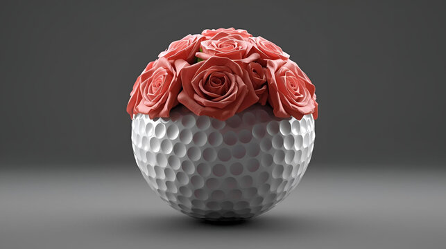 golf ball vase with pink roses on gray background ai
