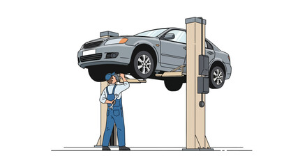 Mechanic working on a car raised on a lift for maintenance and repair.