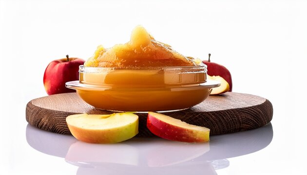 portion of applesauce on white background selective focus close up shot