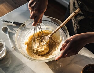 Close-up Overhead View of Hands Whisking Yellow Batter in Clear Glass Bowl on Marble Countertop Illuminated by Sunlight