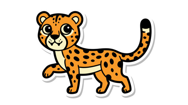 Cartoon Cheetah Cub With Orange Fur Black Spots And Big Eyes Walking On A White Background Isolated