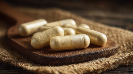 A close-up of natural supplement capsules on a wooden spoon and burlap fabric