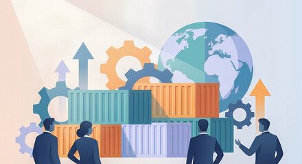 Global Logistics and Supply Chain Management illustration featuring shipping containers, gears, and business people focused on international trade strategy and growth.