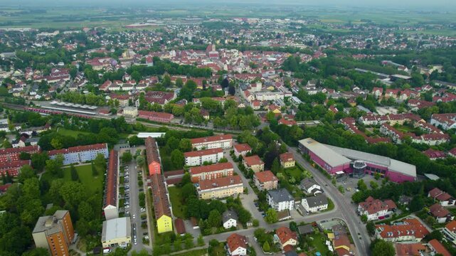 Aerial view of the old town and city Erding in Germany, Bavaria on a sunny noon spring day