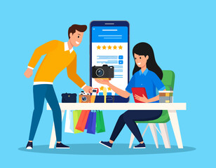 Man and Woman Shopping Online for Camera Gear, Reviewing Products on Smartphone