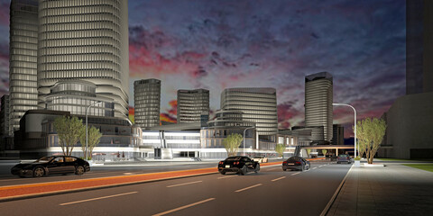 3d render city urban street road buildings skyscraper