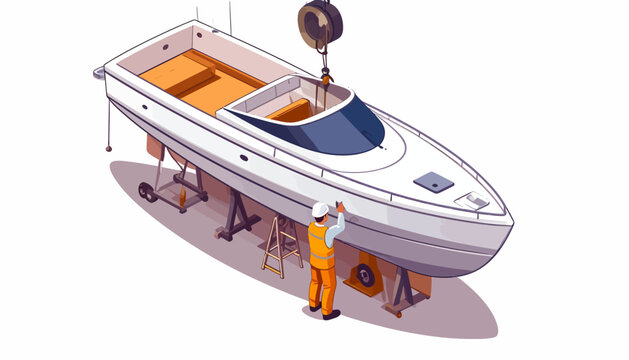 Isometric vector illustration of a worker inspecting a boat on dry land with a crane hook, depicting yacht maintenance and repair in a marine service facility.