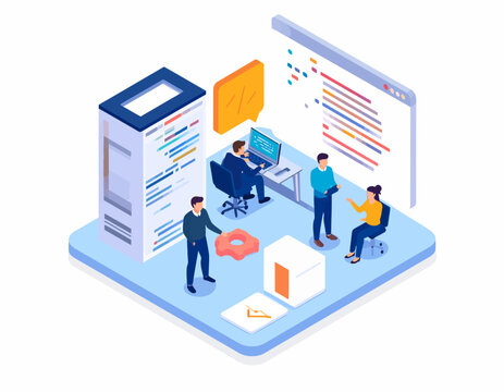 Isometric illustration of a software development team coding and managing data on an IT platform.