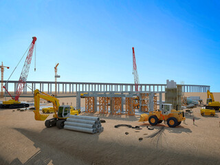 construction site with cranes amd workers. 3d render