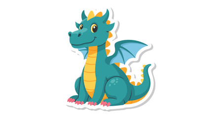 Fototapeta premium Cartoon Teal Dragon With Orange Accents And Blue Wings Sitting Facing Forward With A Slight Smile On A White Background