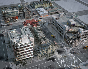 3d render of Ruined and Collapsed Buildings After Disaster