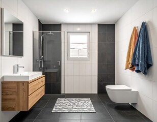 Interior design - a bathroom with a slate-colored tile floor, white fixtures, a modern shower, white tiles on the walls, a wooden cabinet under the sink, no tub, just a shower, a few colorful towels 