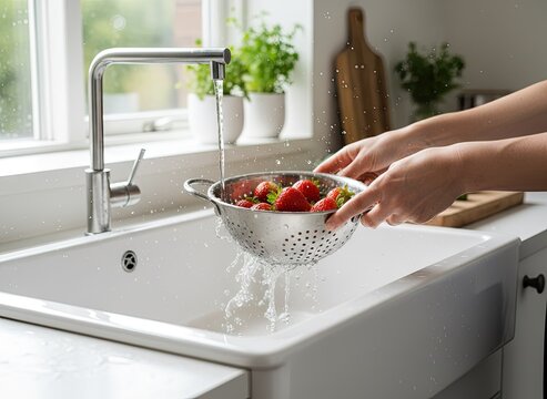 Hands Washing Fresh Red Strawberries In A White Colander Under Running Water In A Modern Kitchen Sink With Green Plants In The Background - Powered by Adobe