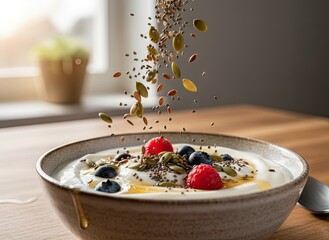 Healthy Yogurt Bowl Topped With Fresh Berries Seeds and Drizzled Honey in Natural Morning Light